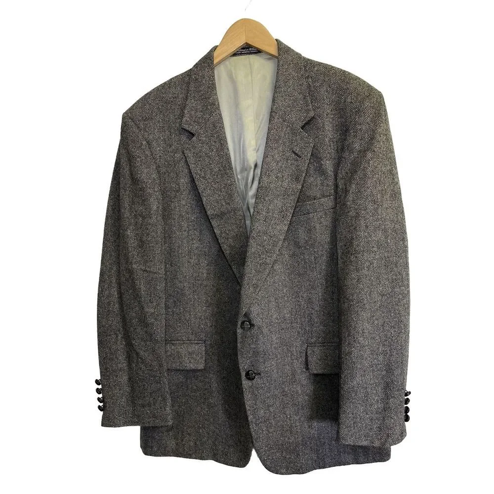 Oakton Men's Black/Gray Herringbone Blazer 44R Lined Tailored In U.S.A $395‎